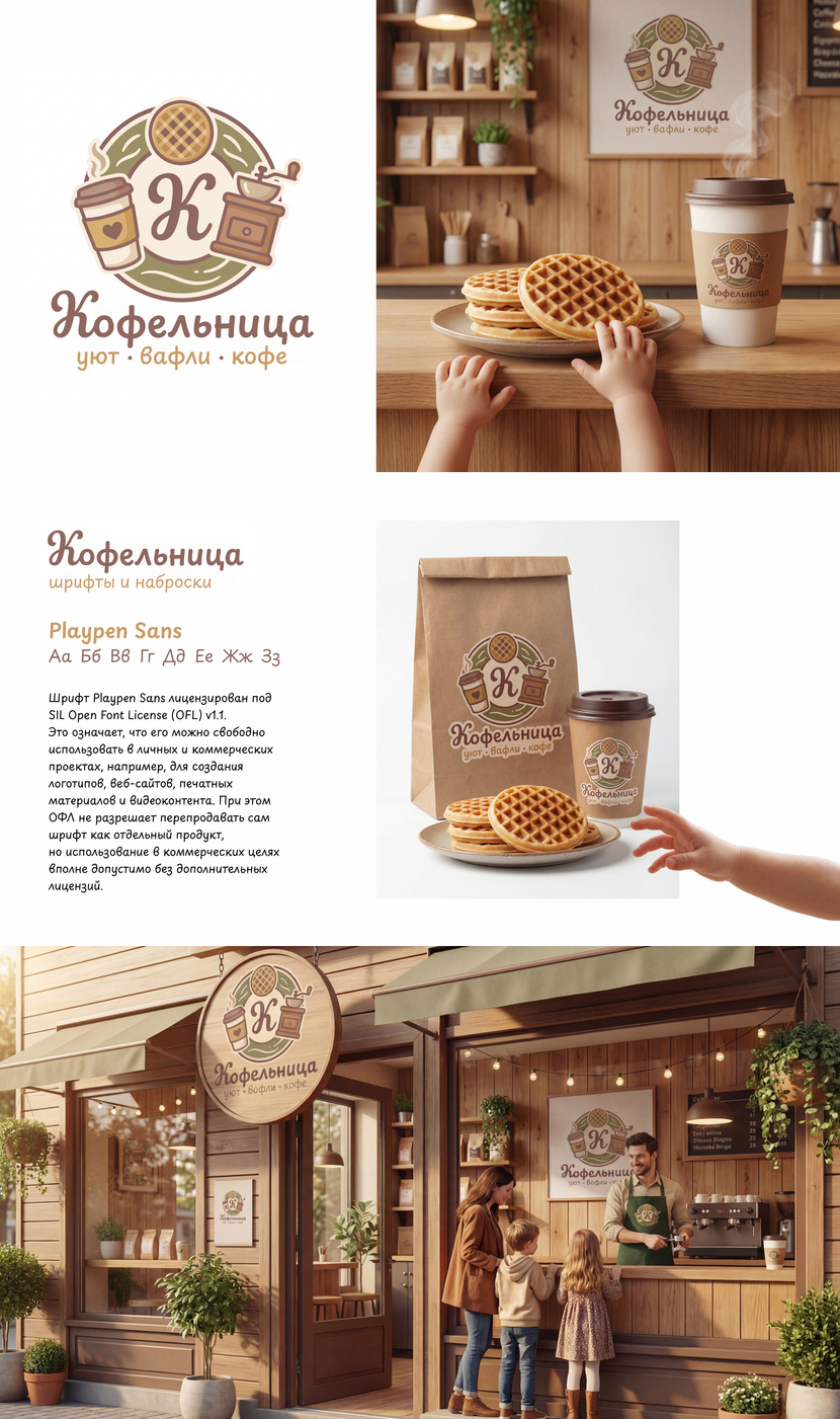 Добро пожаловать в "Кофельницу" — уютное семейное кафе, где вас ждут ароматный кофе и нежные венские вафли. Простой и вкусный формат для каждого дня, идеально для семей с детьми. Наслаждайтесь теплом и домашним комфортом без лишних сложностей!﻿ Создать логотип для семейного кафетерия