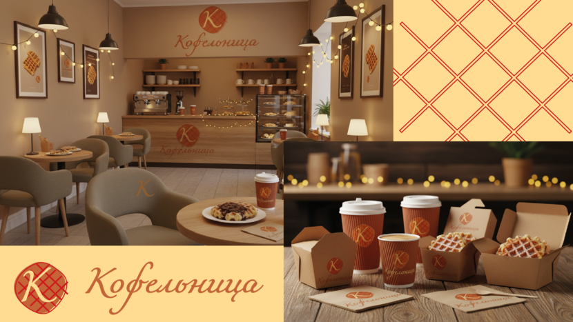 Логотип и фирменный стиль семейной кофейни построены на образе венской вафельки — символа уюта и домашнего тепла. Простота линии, теплые оттенки и фирменная посуда с уникальным знаком «К» объединяют интерьер и упаковку, создавая атмосферу, куда хочется возвращаться всей семьёй. В основе идеи — комфорт, вкус и забота о каждом госте. Создать логотип для семейного кафетерия