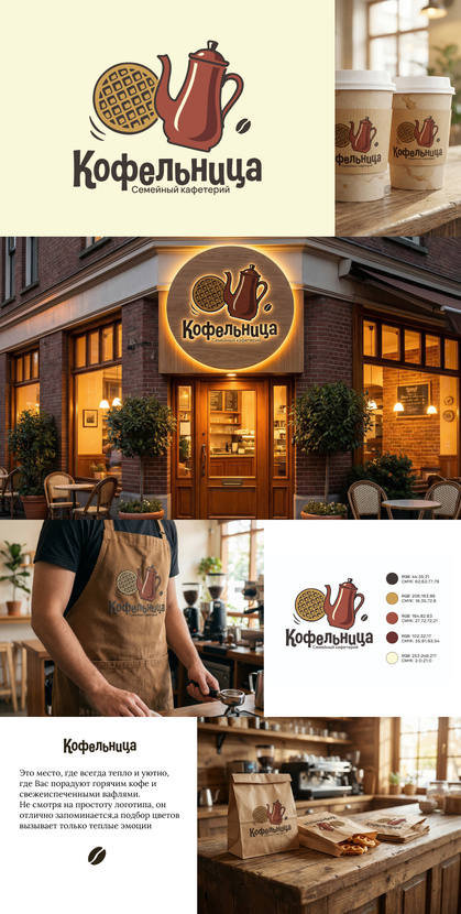 Когда читала бриф, сразу поняла, что в логотипе обязательно должны быть теплые цвета, именно они будут передавать уют и атмосферу заведения. За основу взяла именно вафлю и кофейный чайник, довольно простой, но запоминающийся логотип, который можно прекрасно вписать на любые носители Создать логотип для семейного кафетерия