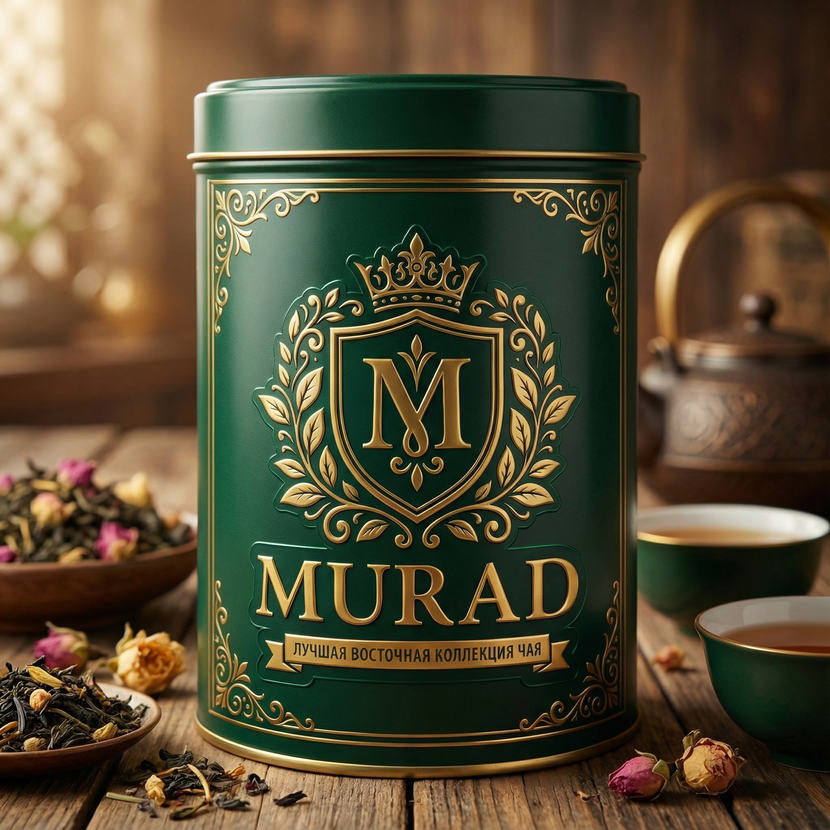 Прилагаю как это может смотреться на жестяной банке Создание премиального логотипа для торговой марки MURAD (чай в подарочной упаковке)