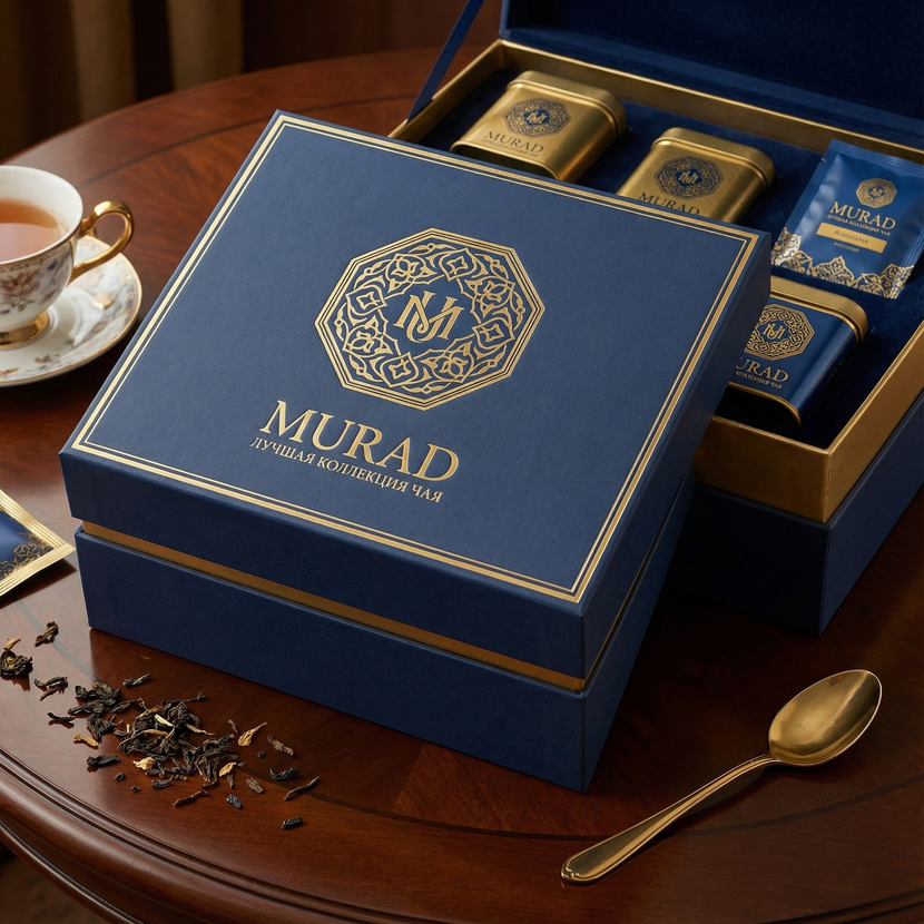 логотип и пример как это может смотреться на подарочной коробке с чаем премиум Создание премиального логотипа для торговой марки MURAD (чай в подарочной упаковке)