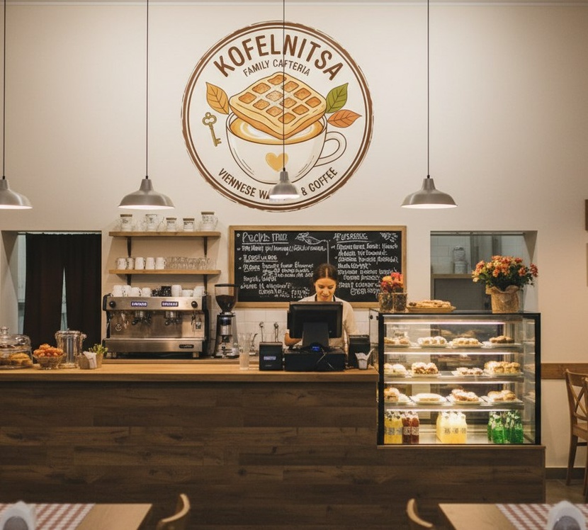 Пример того как будет это выглядеть на стене в кафетерии Создать логотип для семейного кафетерия