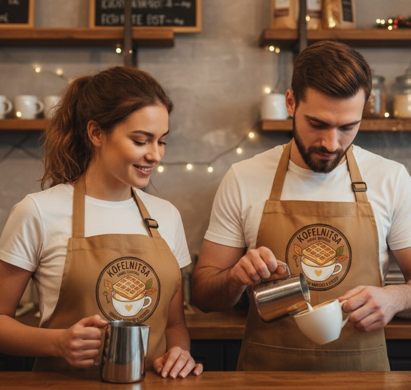 и также пример того как это будет смотреться на фартуках баристы Создать логотип для семейного кафетерия