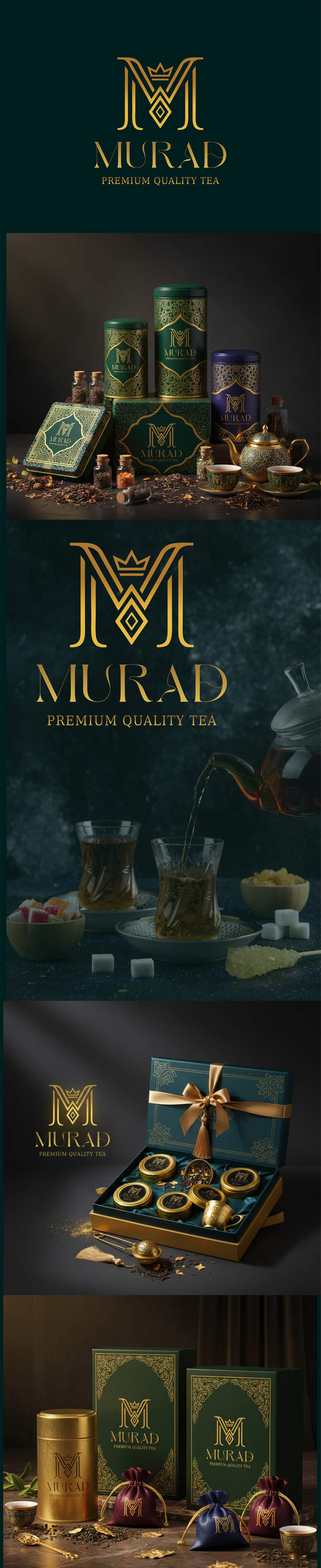 Я создала логотип для восточного премиального чая «MURAD», в котором ключевым элементом стала чёткая, запоминаемая и легко узнаваемая монограмма «M». Восточный орнамент и корона передают статус, традиции и премиальное качество бренда. Создание премиального логотипа для торговой марки MURAD (чай в подарочной упаковке)