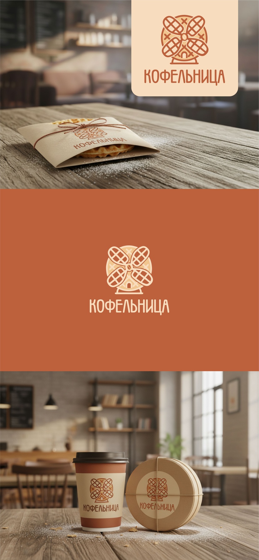 Логотип «Кофельница» 
Центральный образ: В основе логотипа лежит стилизованное изображение мельницы, что напрямую отсылает к названию «Кофельница» (ассоциации с кофемолкой, помолом зерен).
Двойной смысл: Лопасти мельницы выполнены в виде четырех сегментов круглой венской вафли с характерной текстурой “клеточкой”. Это гениальное решение объединяет два ключевых продукта кафе в одном знаке.
Скрытая деталь: В самом центре, в точке схождения лопастей, угадывается форма кофейного зерна, что еще больше усиливает связь с кофейной тематикой.
Шрифт: Название написано оригинальным и скругленным шрифтом, который выглядит дружелюбно и современно. Он лишен острых углов, что поддерживает общую мягкую и семейную концепцию.
В целом, логотип является запоминающимся и оригинальным, рассказывая историю бренда без лишних слов.
Цветовая гамма подобрана безупречно для создания ощущения тепла, уюта и аппетитности. Она построена на гармоничном сочетании природных, “съедобных” оттенков. Создать логотип для семейного кафетерия