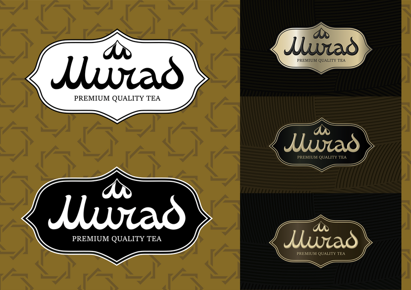 Два цветовых варианта на плоскости и экструзия/тиснение в трех вариантах Создание премиального логотипа для торговой марки MURAD (чай в подарочной упаковке)