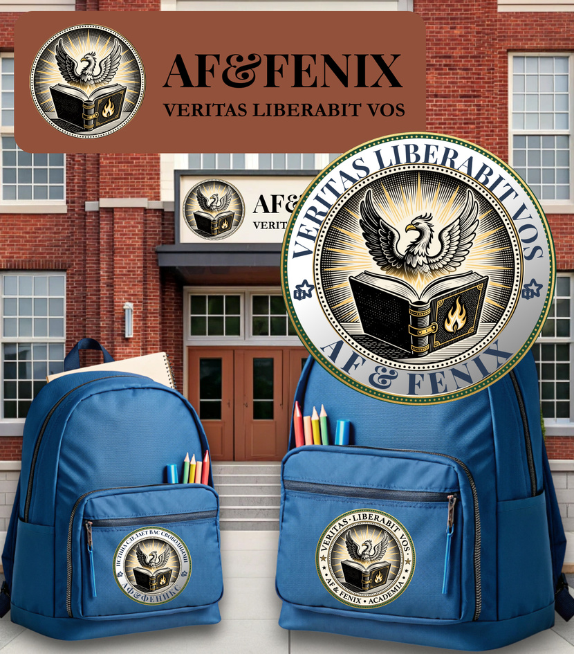 Создан логотип-герб для образовательного центра AF&Fenix. Суть: Геральдическая печать с фениксом над книгой и девизом «Veritas liberabit vos» по ободу. Стиль — строгий, академический, как у университетов. Логотип для детского образовательного центра