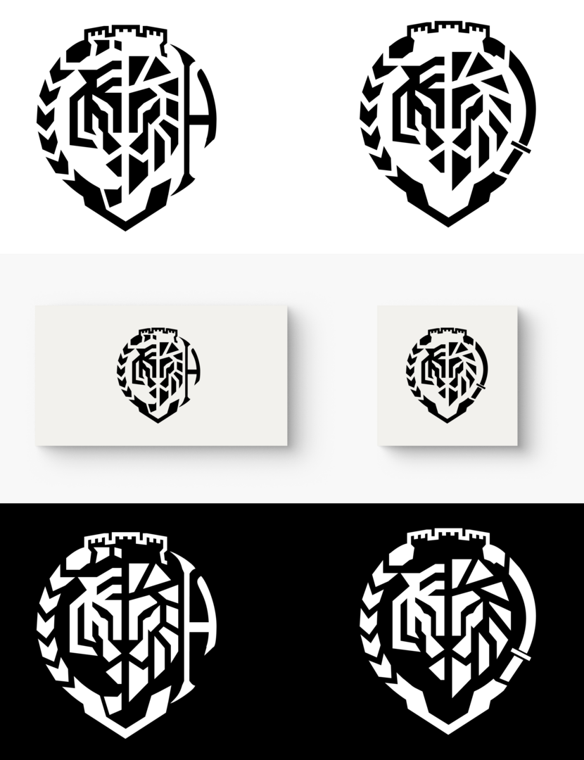 1 вариант: тигр (левая сторона) с лавровой ветвью в форме скрытой "С" слева символизирует силу основателя (год тигра), победу, вечную славу и честь. Лев справа с бердышом, стилизованным под скрытую "H", воплощает королевскую мощь, мужество бердыш как оружие стрельцов подчёркивает стойкость рода и защиту. Башня сверху — стабильность, крепость семьи, долговечность; нижний щит — основа всего, защита и единство. 
2 вариант: с лева тигр с лавровой ветвью, с права лев с мечом усиливает тему защиты и власти, с верху замок-башня, с низу часть щита.
Всё выполнено в стиле минимализм. Разработка гербового флага (семейный флаг)