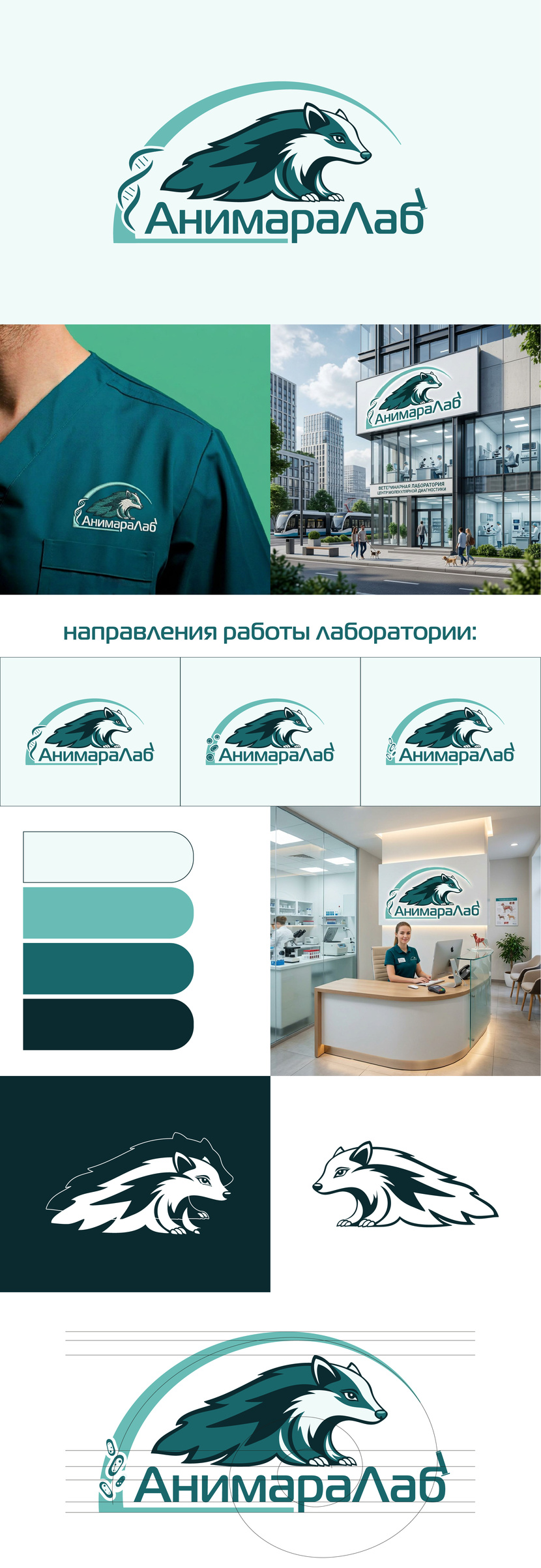 Здравствуйте. Моя рабочая версия концепта и небольшие пояснения моих решений:

Дуга объединяет знак животного и типографику в единую систему и одновременно создаёт ощущение защитного контура — среды исследования и контроля. 

Элементы ДНК, клеток крови и бактерий было решено вынести за пределы силуэта животного. При их размещении внутри тела возникало визуальное ощущение «внутреннего содержимого», что могло считываться двусмысленно и ассоциироваться скорее с заболеванием или загрязнением. Такое прочтение снижало ощущение стерильности и научной среды.

Поэтому научные символы были перенесены в зону дуги-купола, где они воспринимаются как объекты лабораторного наблюдения и исследования. 

В таком положении они работают как элементы исследуемой среды, а не как часть самого животного. Так усиливается ассоциация с анализом, диагностикой и контролируемой лабораторной средой.

Все элементы логотипа аккуратно прорисованы в векторе: проработаны кривые и точки. - «АнимараЛаб» — профессиональная доводка логотипа по существующему эскизу