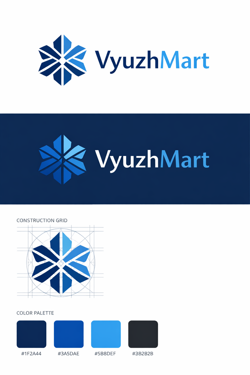 Логотип построен на геометрической системе, символизирующей порядок, стабильность и управляемость бизнеса. Абстрактная структура отсылает к идее «вьюги» через холодную симметрию, без прямых и банальных образов.

Сдержанная синяя палитра формирует ощущение доверия и прозрачности, а чистая геометрия делает знак универсальным и легко масштабируемым.

Почему это сильное решение:

нет клише FMCG — выглядит как федеральный бренд
визуально транслирует надежность и системность
легко адаптируется под любые носители
современный, “долгоживущий” дизайн без устаревания Разработка логотипа