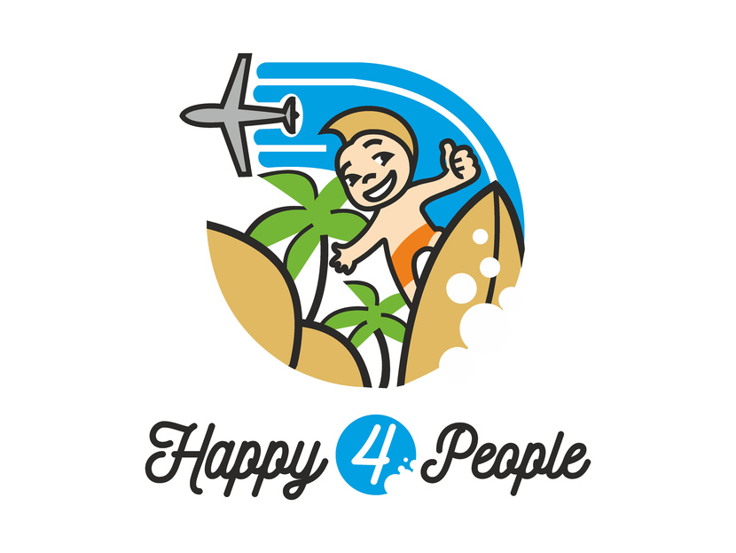 Самолёт в изображении логотипа внедрен с целью привлечения новых туристов из разных стран и городов, для обучения сёрфингу и др. активным видам спорта. Готова к правкам в зависимости от ваших пожеланий! - Разработать логотип для компании Happy4people (Happy for people)