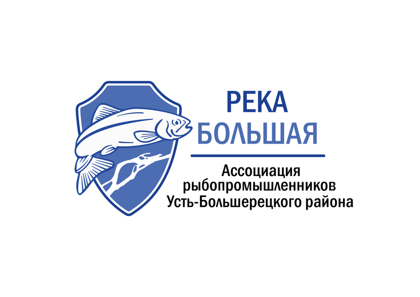 На логотипе: щит-как символ защиты, силуэт реки Большой и лосось. Разработка логотипа для Ассоциации Рыбопромышленников