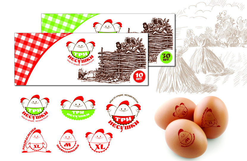 Так же представила вариант дизайна для упаковки, в "домашних традициях" (рисунок для примера). - Разработка логотипа и фирменного стиля для нового бренда куриных яиц "Три несушки"