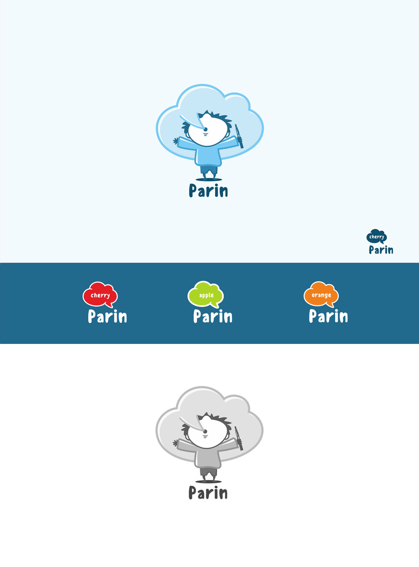 Добрый день! К сожалению, в рамках данного конкурса показать визуализацию на бутылочке не могу, но, просмотрев отличную подборку логотипов, могу предложить развитие предыдущей концепции с облаком. Возможно использование как с персонажем, там и в облегченном варианте,в зависимости от носителя. Может быть и другая цветовая гамма на ваш вкус, и всяческие доработки, если концепция заинтересует. Спасибо! - Разработать логотип для жидкости "Parin" для электронных VAPE-испарителей