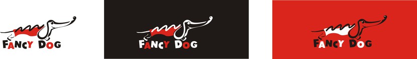 Веселая броская собака-такса в комбинезоне с полоской - булочке с кетчупом/горчицей. - Разработка логотипа для сети кафе формата стрит-фуд "FANCY DOG", основа меню - хотдоги.