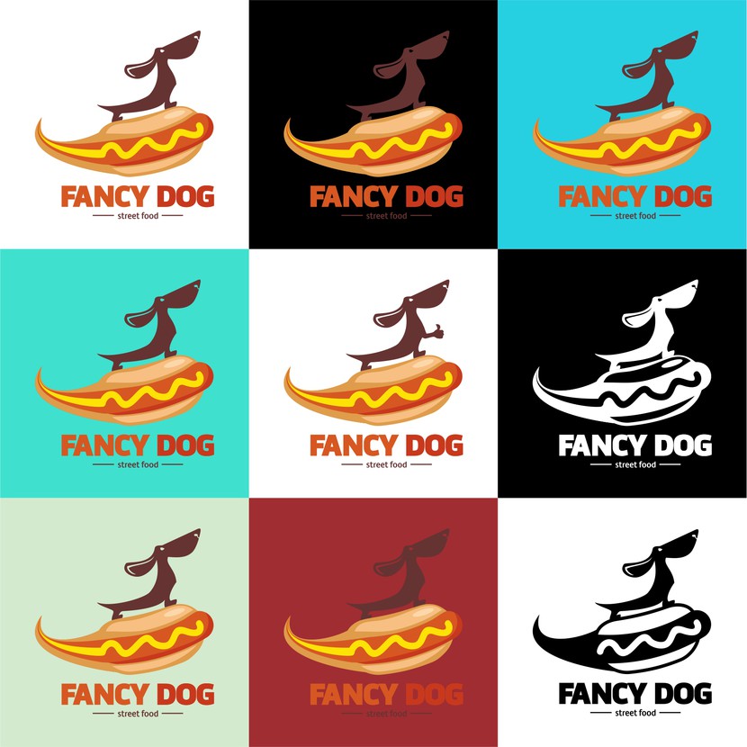 Еще вариант - Разработка логотипа для сети кафе формата стрит-фуд "FANCY DOG", основа меню - хотдоги.