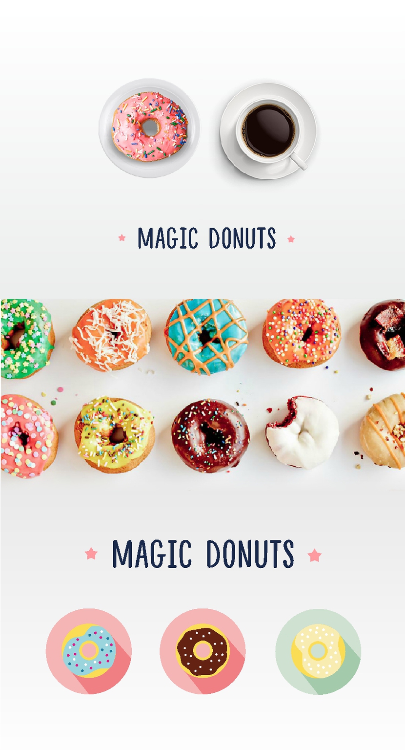 Можно дарить при покупке такие открытки в виде пончиков с разными вкусами - Разработка фирменного стиля для производителя пончиков Magic Donuts