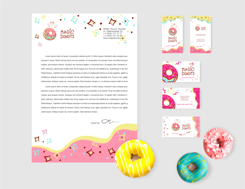 Добавлены разные цветовые решения на примере оформления визиток, бланка. - Разработка фирменного стиля для производителя пончиков Magic Donuts
