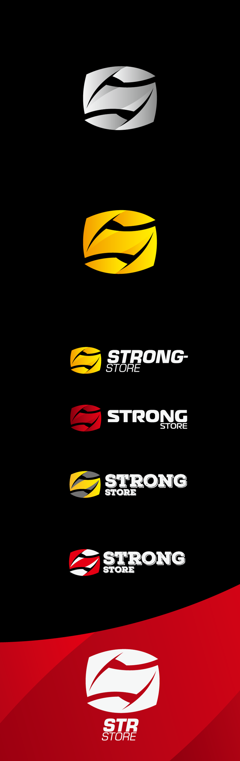 Динамичный, немного агрессивный, спортивный логотип, действительно олицетворяющий силу. Стилизованная буква S с резкими гранями горизонтально симметрично, так что логотип читается и вверх-ногами. Может принимать различные цветовые схемы: во многих смотрится отлично. Яркие желтые и красные оттенки лучше ассоциируются с активностью и спортом, поэтому есть варианты в таких расцветках. Также лого отлично смотрится и в чб и в монохроме, хорошо подойдет как фавиконка. Также я подготовил 3 различных шрифтовых написания названия на выбор, но можно определиться с направлением и доработать, если что-то не совсем устраивает. Также предлагаю сокращенное написание STRstore для размещения в ограниченном пространстве (но это уже больше относится к вариантам использования лого в фирмстиле) Спасибо! - Логотип для магазина экипировки для единоборств и спортивной одежды