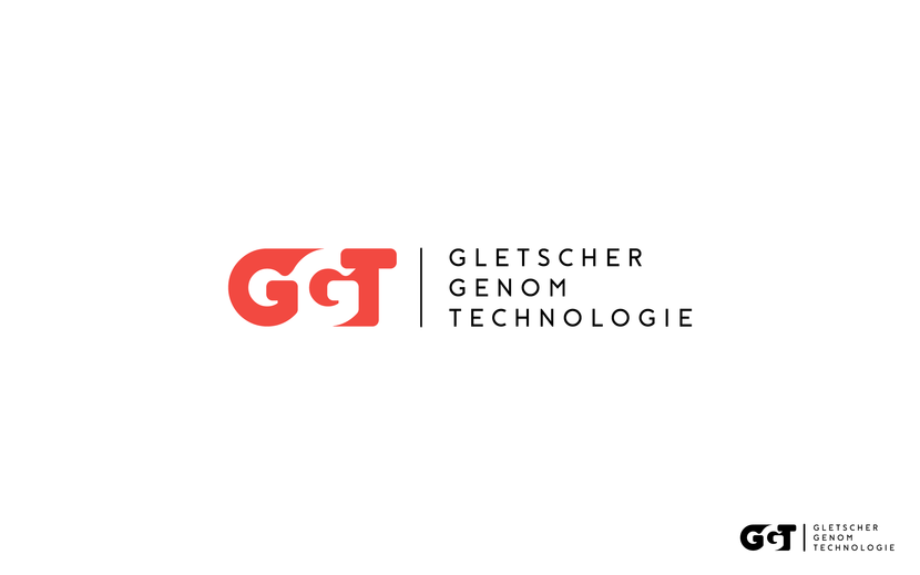 Вариант монохромного исполнения в правом нижнем углу. Логотип и знак для компании "Gletscher Genom Technologie"