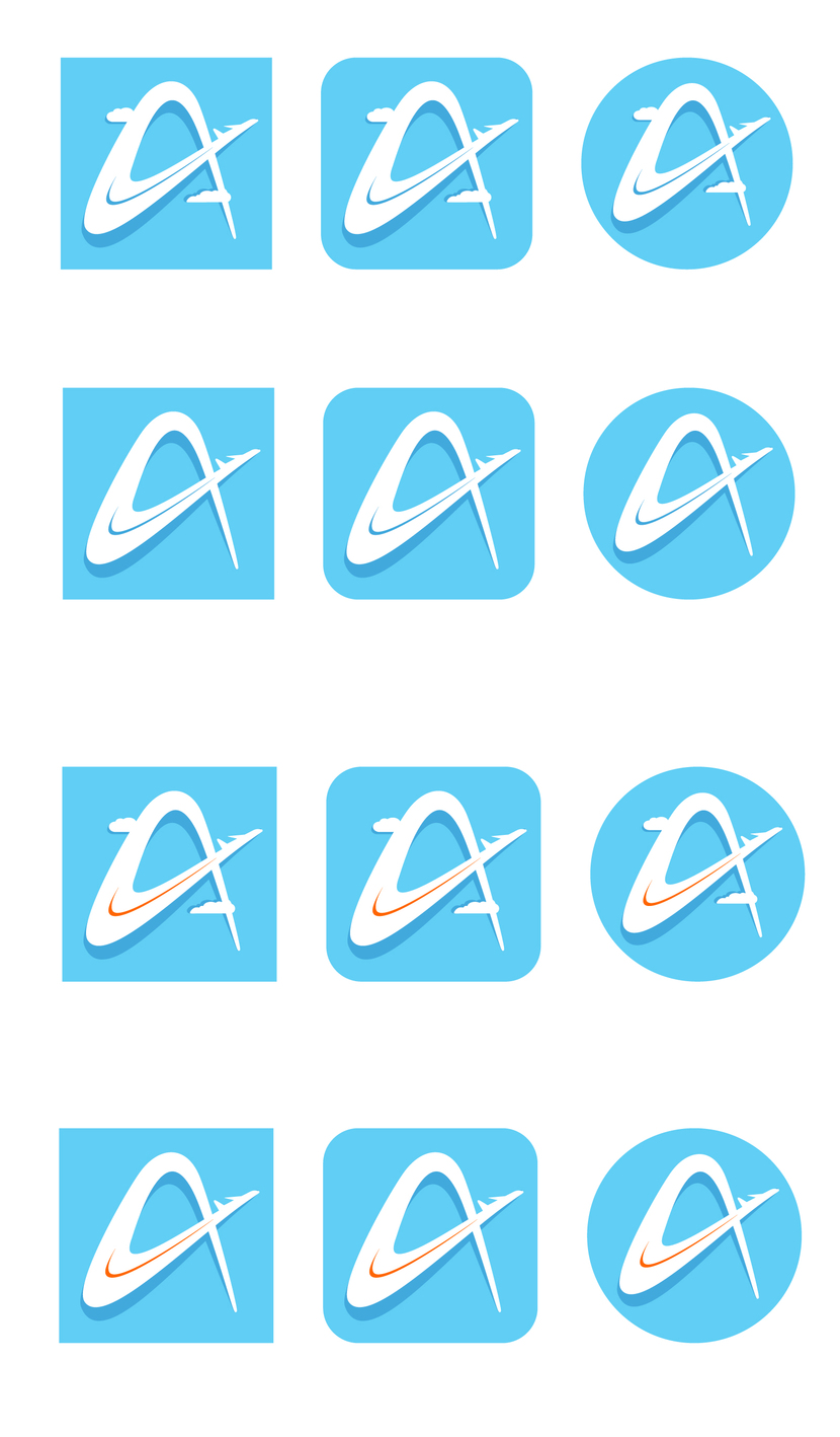 Логотип представляет собой самолет, который оставляет за собой след в форме буквы "А". Так же представлено несколько вариантов: 
- с дополнительными элементами - облака, и без них
-вариант с ярким акцентом оранжевого цвета и без него - Иконка приложения для App Store и Google Play