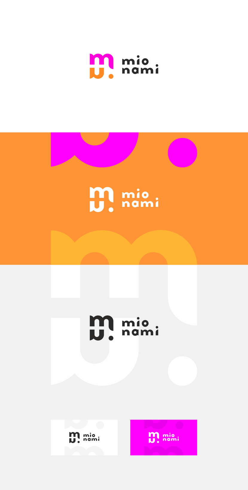 Знак состоит из букв, которые образуют вместе швейную машину - атрибут производителя. "n" перевернуто, как отражение в зеркале. Мы примеряем новую одежду перед зеркалом.
"m" и "n"  в знаке образуют стежок, соединительный шов. - Необходимо разработать логотип для молодого бренда одежды MIONAMI