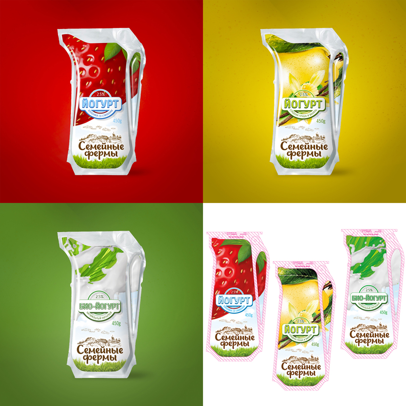 Яркая упаковка выделятся на полке. Крупные фрукты - одновременно и цветовое кодирование и образ насыщенности вкуса - Разработка дизайна для линейки йогуртов в упаковке Эколин-кувшин