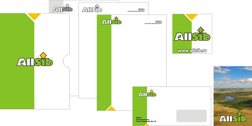 Элементы фирменного стиля - яркий, простой, запоминающийся. Желтый ромб может быть заменен на один из двух вариантов (поле, цветок), м.б. использован в качестве третьего - общего. - Разработка фирменного стиля ООО «Олсиб»