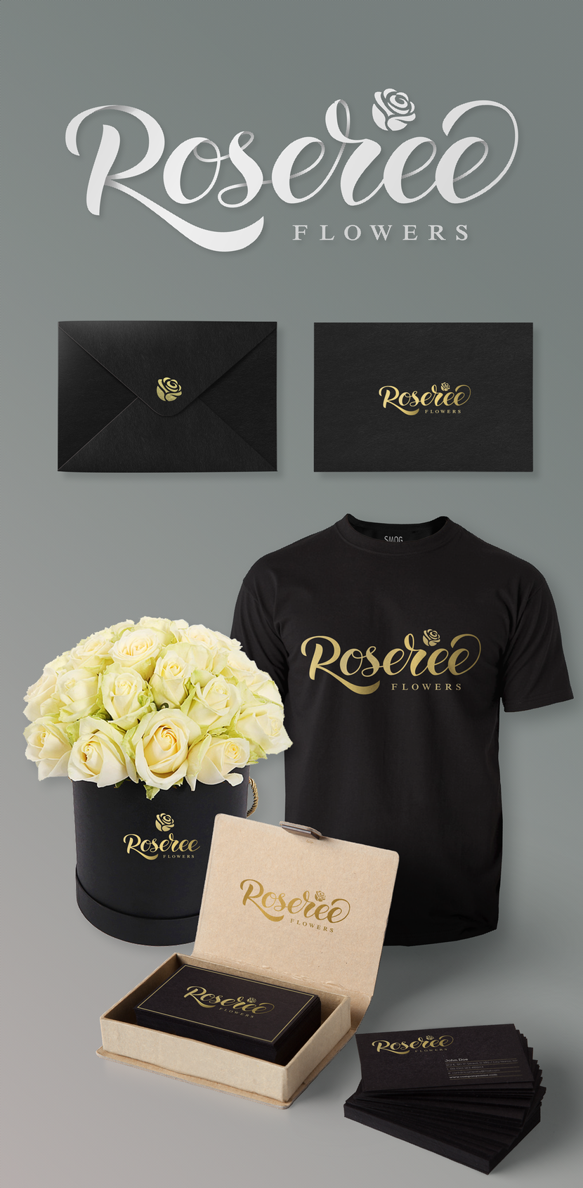 Проработка логотипа + размещение на рекламных носителях Корпоративный стиль для компании по доставки цветов Roserée