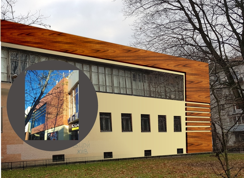Сочный цвет панелей "Золотой дуб" еще ярче смотрится на спокойной плоскости  фасада, окрашенного по кирпичной кладке - Разработка дизайна фасада административного здания. Дизайн должен быть РЕАЛИЗУЕМ.