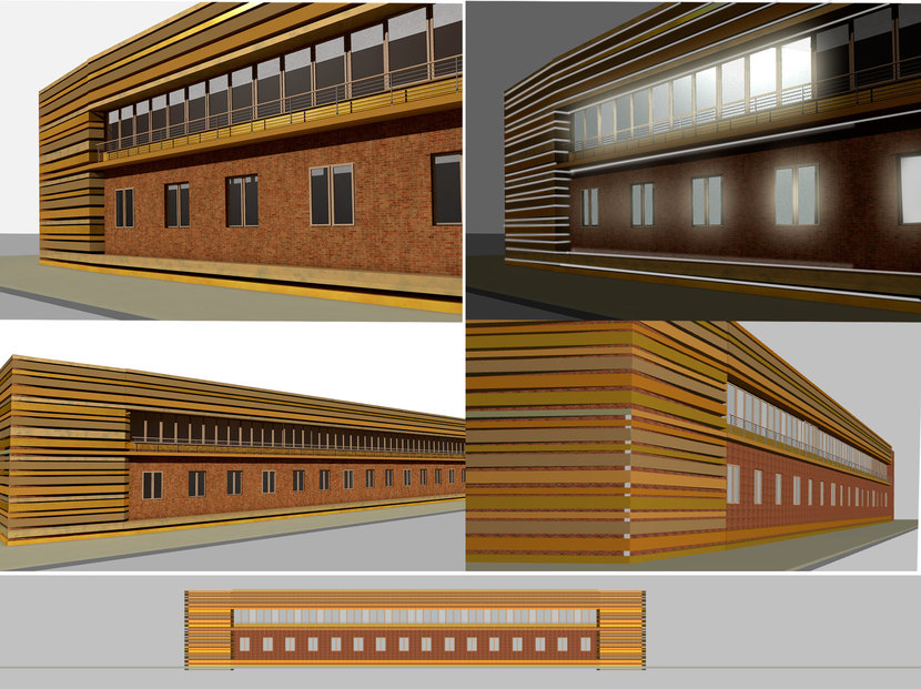 Используя горизонтальные членения фасада на полосы(на элементы) различной толщины и различных оттенков, мы получаем достаточно живой фасад с простым решением. Сохраняя часть поверхности  фасада естественно-кирпичной, естественным становиться применение тёплых деревянных оттенков в оформлении остальной части фасада....вплоть до применения дерева или его имитации. .....что позволяет получить достаточно позитивные впечатления от фасада....связанные с уютом. Горизонтальные элементы(панели) могут быть достаточно выразительными(рельефными), могут менять свой рельеф на протяжении всего фасада, создавая тем самым волнообразную или иную, отличную от ровной, поверхность. Расстояние  между горизонтальными панелями  должны быть достаточными ,чтоб на расстоянии фасад имел выраженную полосатую текстуру и чтоб можно было получить световые полосы в тёмное время суток, размещая в межпанельных пространствах  осветительные элементы. - Разработка дизайна фасада административного здания. Дизайн должен быть РЕАЛИЗУЕМ.