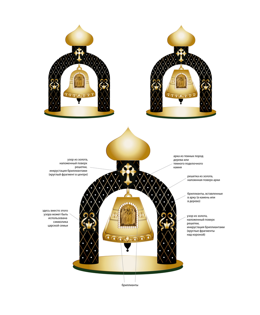 Добрый день! Еще идея, думаю это будет красиво в изделии. Арка из темного поделочного камня или из темных пород дерева. Поверх арки ажурная решетка из золота (как подстаканник поверх стакана), а поверх решетки золотые узоры. Бриллианты вставляются в камень и видны сквозь отверстия решетки. Такая многоуровневость будет создавать объем, который оживит изделие и сделает его более интересным.  Колокол из золота, на нем инталия, обрамленная бриллиантами. Если в классическую форму колокола инталию будет вмонтировать трудно, то предлагаю четырехгранный колокол (справа). На колоколе гравировка или чеканка и также инкрустация бриллиантами. Вместо узоров по бокам арки можно разместить царскую символику. Бриллианты и золото можно заменить на другие камни и металл по вашему усмотрению. - Создание эскиза ювелирного изделия с уникальной инталией «Святые царственные мученики и страстотерпцы».