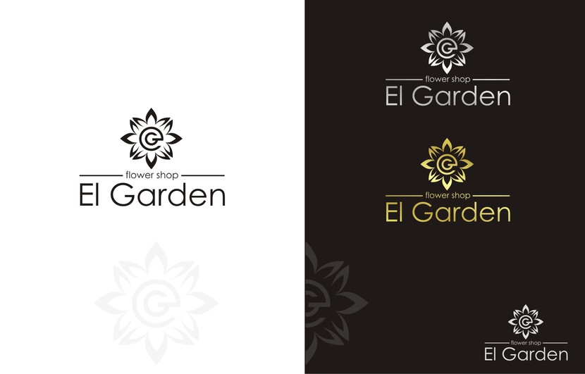 логотип El Garden. Фирменный значок стилизован под цветок, в центре которого монограмма из букв "е" и "G". Сам шрифт логотипа строгий, легкий, хорошо читаемый. - Разработка логотипа для сети Цветочных Бутиков El Garden