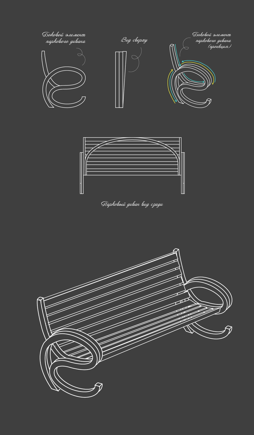 1. Парковый диван

Подготовила эскизы. Использовала металический каркас, дерево. В информационном стенде +бетон. 
Современный легкий лаконичный дизайн) без футуризма, реальные модели. Скоро залью скетч в цвете - Разработка эскизов-идей (обычные не 3D) для малых архитектурных форм (скамья, парковый диван, урна, указатель, информационный стенд)