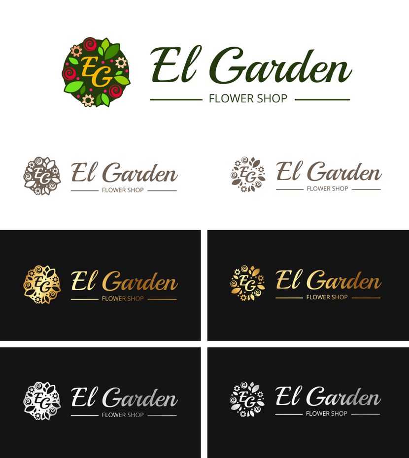 2. Новый шрифт, графический элемент с новыми символами аббривиатуры Разработка логотипа для сети Цветочных Бутиков El Garden