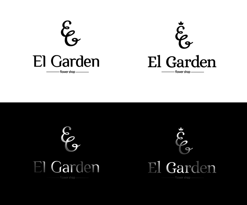 Добавила элемент, символизирующий флористику (листик слева, корона-цветок из листиков справа) и заменила шрифт. - Разработка логотипа для сети Цветочных Бутиков El Garden