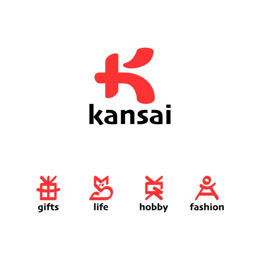 в стиле японских иероглифов: подарок + лиса + холст с кистью + модель в шикарном платье - конкурс на разработку дизайна логотипа и фирменного стиля бренда KANSAI для магазинов крупных форматов