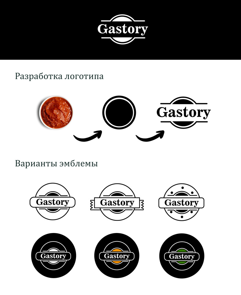 Логотип создан путем стилизации соусницы. Получился лаконичный, но ёмкий логотип, отражающий сферу деятельности бренда. Также разработаны разные варианты эмблемы. В черных эллипсах представлен вариант нанесения эмблемы на крышку для создания единой концепции. - Разработать логотип для TM "gastory" и айдентику ( этикетки ) для соусов