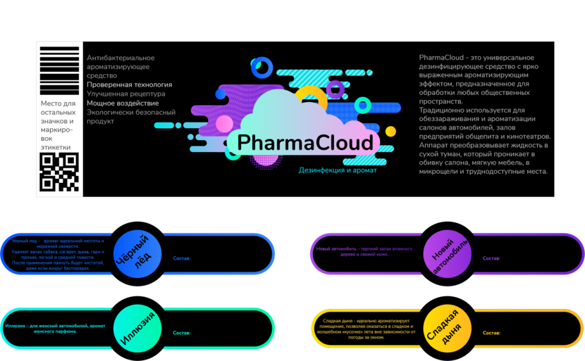 Здравствуйте.
На этикетке отразила только основное описание подходящее ко всем ароматам, чтобы не печатать 4 вида вместо 1-го. Оставила место под маркировку и информационные значки о характеристиках продукта.
Состав продукта подразумевает разный текст, поэтому разместила его в правой части стикера. Туда же можно внести адрес производителя и штрих код. Описание ароматов в первом варианте "Черный лед" включает в себя полную версию текста с перечислением областей применения, а остальные содержат краткую харрактеристику. Сделано это для возможности вам наглядно увидеть и сравнить варианты и определиться с подходящим. Облако с этикетки можно в дальнейшем использовать как лого вышей  компании. - Разработка дизайна этикетки и стикера
