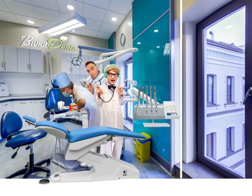 общий вид фотозоны с макетом врачей и креслом на переднем плане - Фотозона-прикол для стоматологии - макет задника и плоская фигура нарисованного крейзи стоматолога