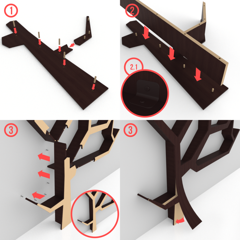Схема сборки.
На 1 изображении видно, как деревянные нагели крепятся к перегородке. Сама перегородка вырезается по контуру электролобзиком и разделяется на сегменты . 
На изображении 2, к перегородке крепятся сами полки (ствол дерева и отходящие ветки). Тут же под номером 2.1 показан альтернативный способ крепежа. Благодаря перегородке, которая скрывает места стыков, можно использовать и другие способы крепления, например обычный окрашенный уголок. 
После сборки по перегородки и полок, вся конструкция сегментами крепится к стене на скрытый крепеж. Рисунок 3.
В конце, для скрытия микро швов от стыков, к фронтальный стороне перегородки клеится шпон. Рисунок 4. 
Как итог, получается более простая, удобно реализуемая и выгодная конструкция :) - Разработка дизайна полки на стену в виде дерева