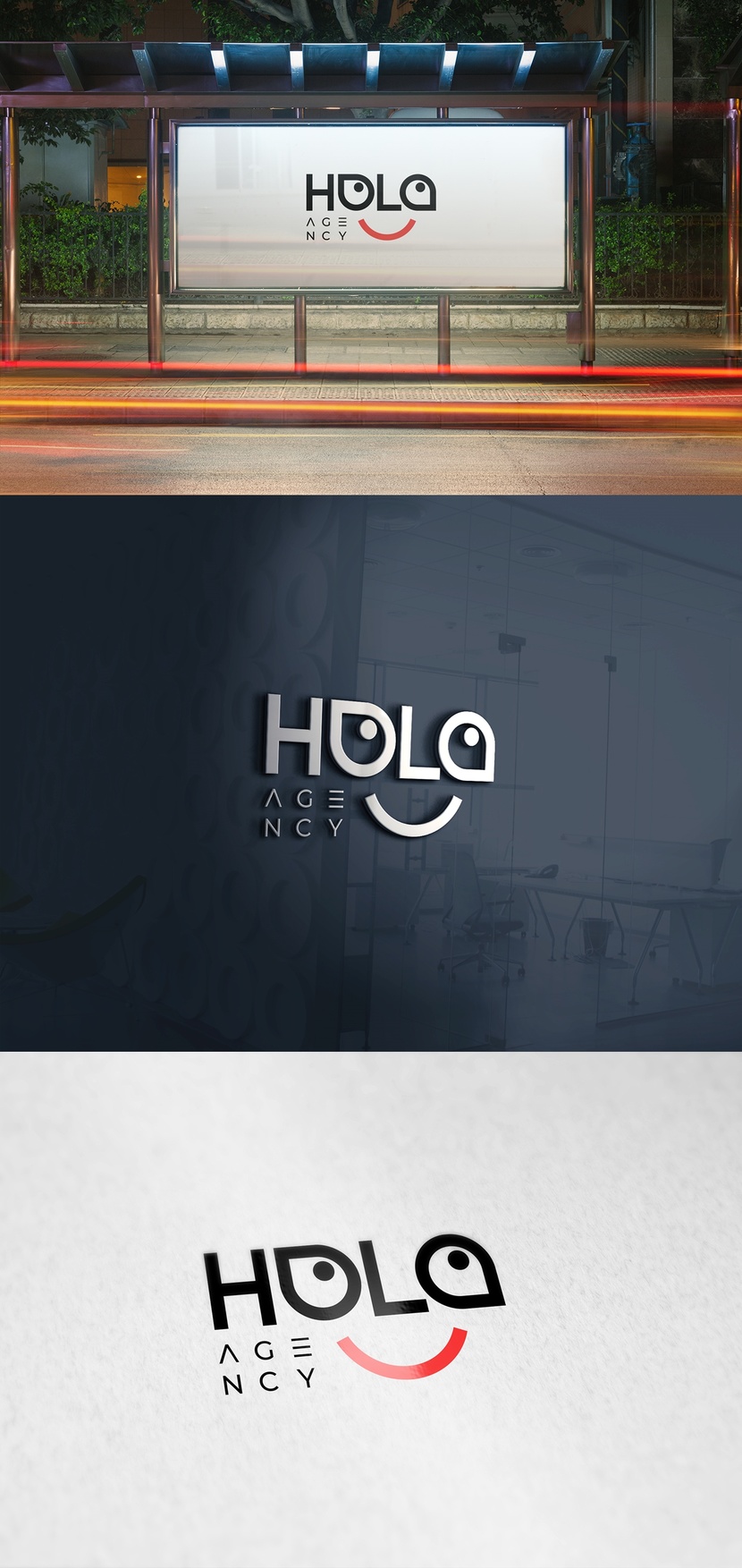 HOLA смотрит вверх и вправо, намекая на рост прибыли своих клиентов, как результат успешной деятельности маркетингового агентства - Разработка логотипа для SMM-агентства "HOLA"