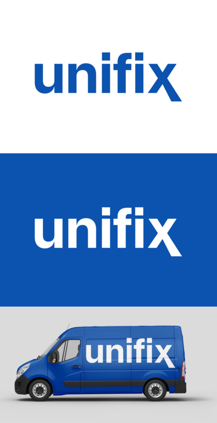 Обыгровка фирменного стиля в цвете #0C53AF
Вариация на белом и фирменном цвете.

Поскольку логотип разрабатывается для торговой интернет-площадки, визуализация сделана на автомобиле (Под доставку) Разработка логотипа строительного интернет магазина Unifix