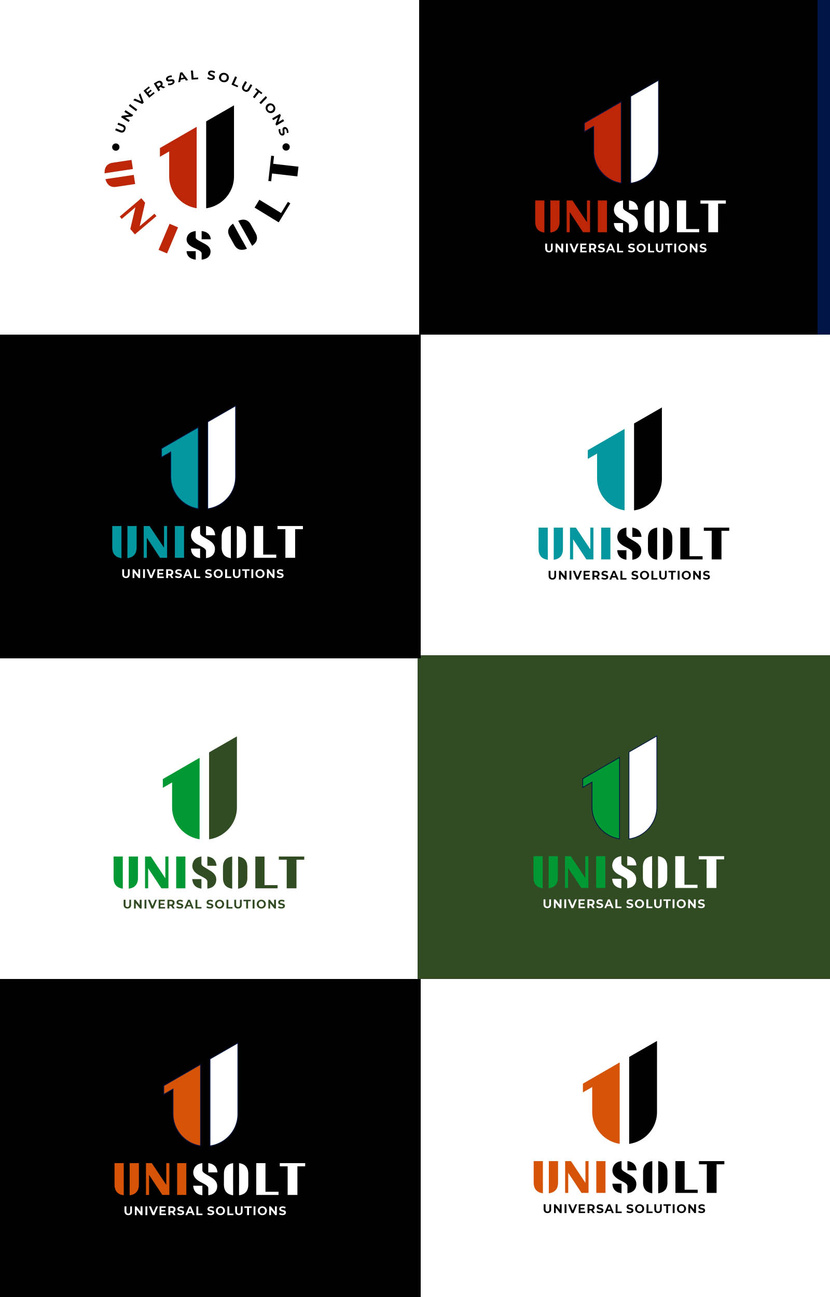 Предлагаю несколько цветовых решений, а также вариант расположения шрифтовой части логотипа по кругу - Логотип для консалтинговой компании "Unisolt"