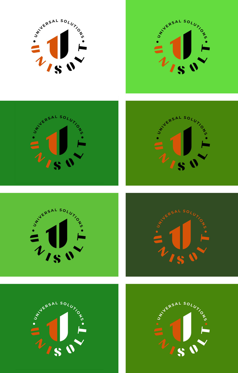 Предлагаю для наглядности несколько различных оттенков зеленого цвета. Правда не все они относятся к яблочным)). А также логотип в монохромном исполнении (черном и оранжевом) и оранжево-белом - Логотип для консалтинговой компании "Unisolt"