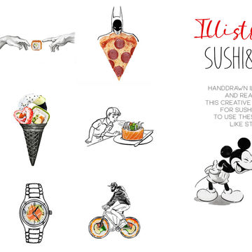 Иллюстрации для наклеек суши WOK