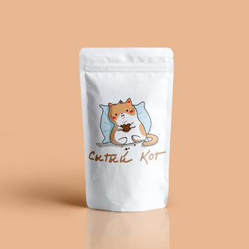 Разработка логотипа кошачьего корма &quot;Сытый кот&quot;. Визуальный макет на пластиковом пакете