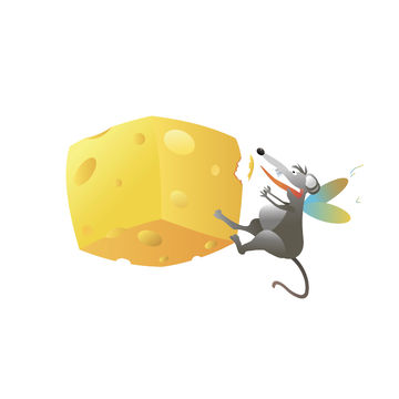 Иллюстрация, мышь летит за огромным куском сыра.