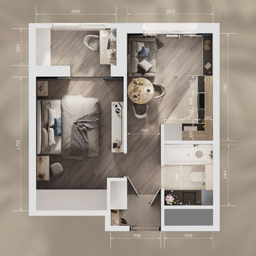 Студия + спальня, визуализация плана квартиры