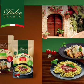 Логотип и дизайн упаковки для тёртого сыра DOLCE